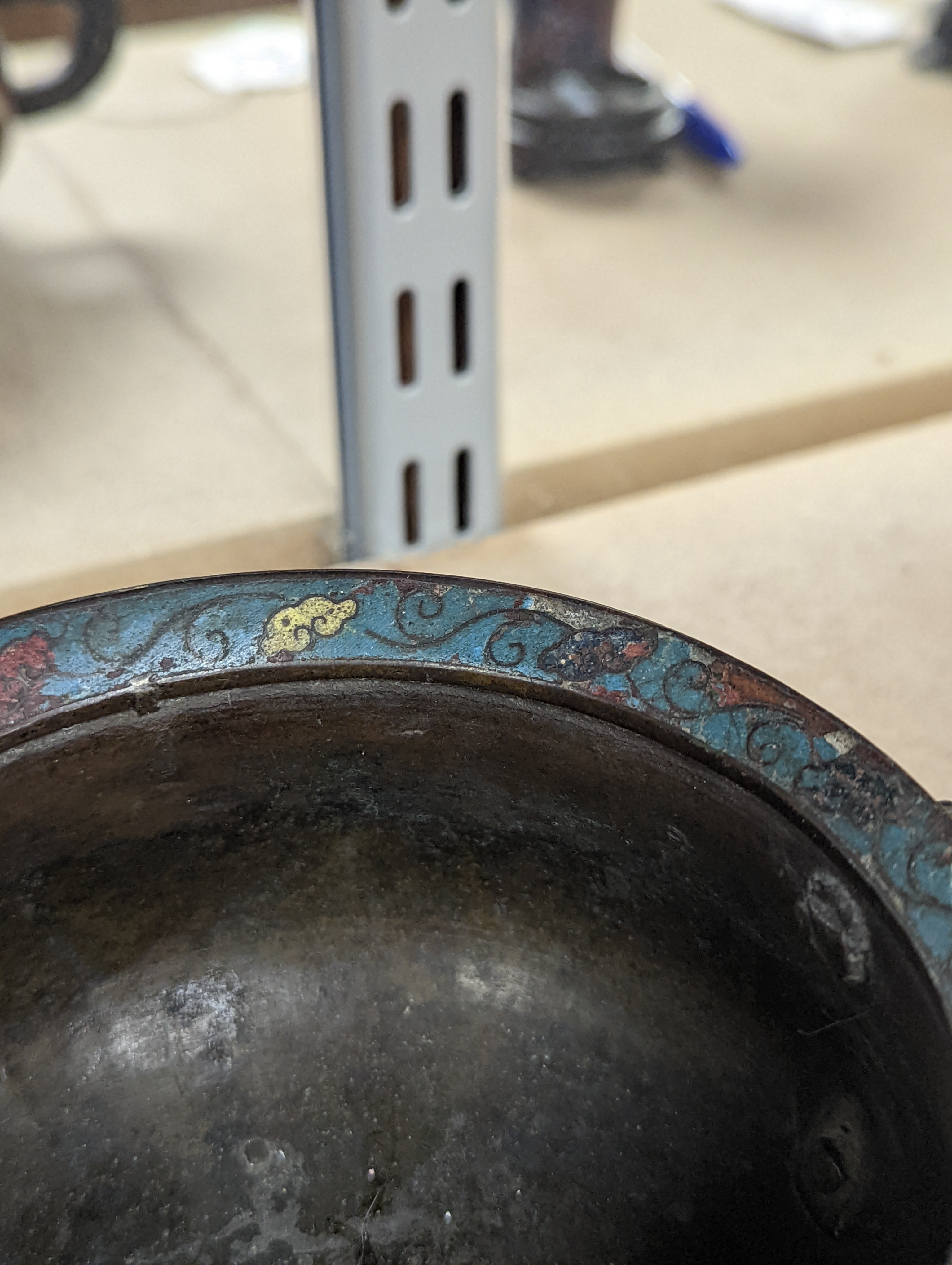 A Chinese late Ming dynasty bronze and cloisonné enamel ding censer 18cm